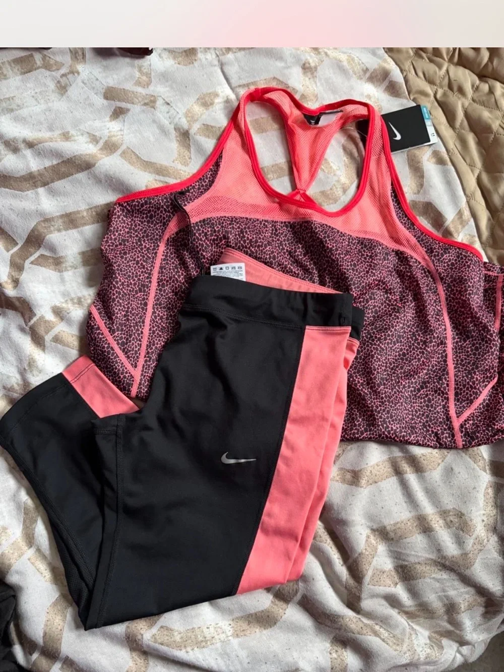2pc Nike Pink and Black Leopard Print Sports top with Black Coral-Trim Leggings